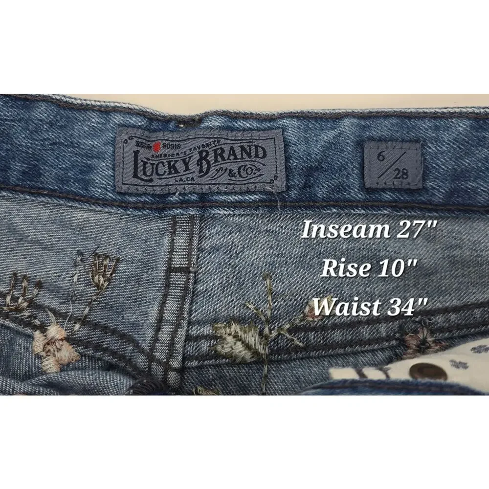 Lucky Brand  Button Fly Sienna Slim Boyfriend Embroidered‎ Distructed Jeans